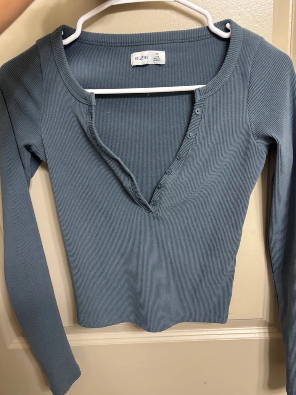 Hollister Slate Blue Ribbed Henley Long-Sleeve Crop Top